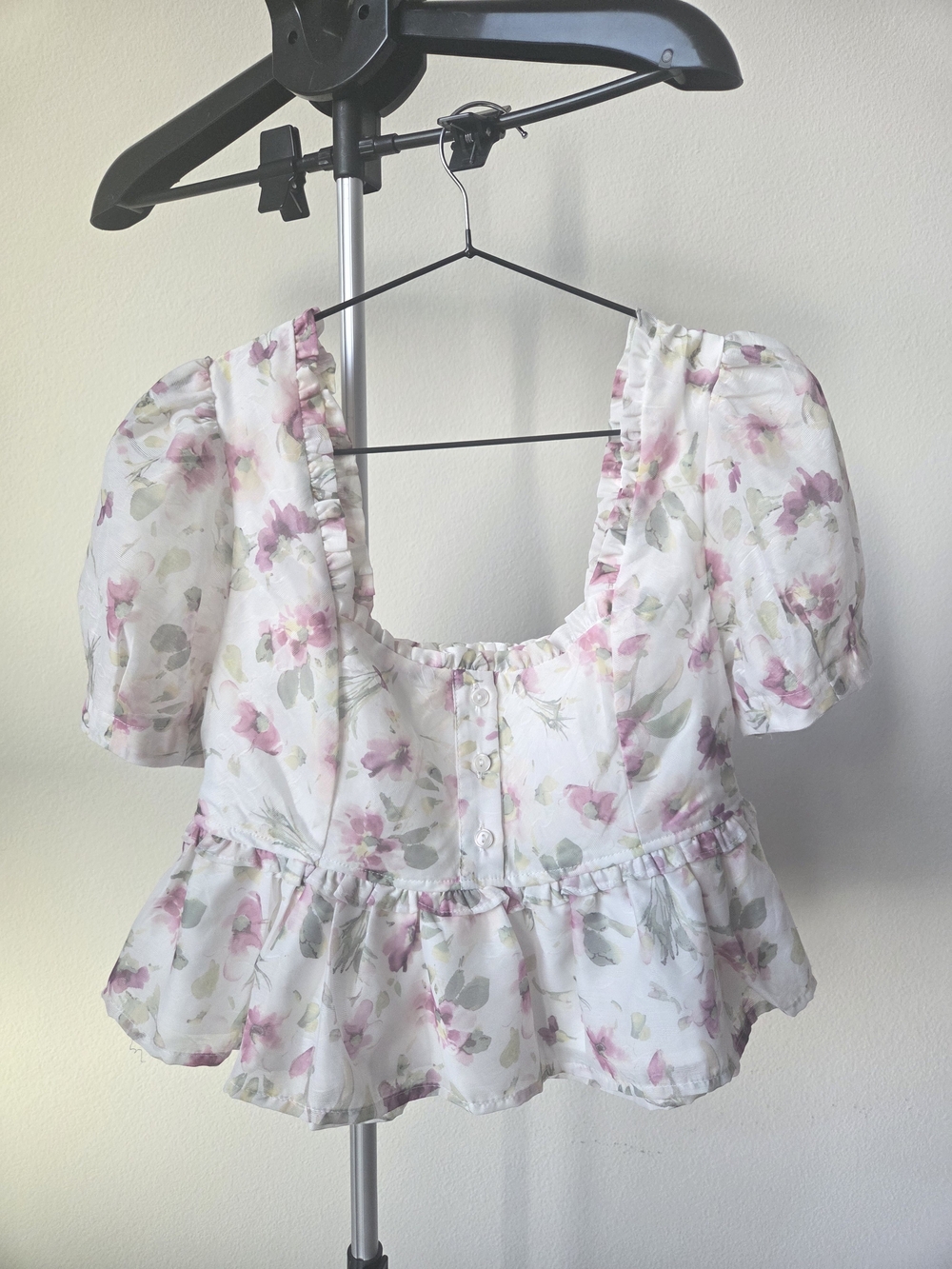 Altar'd State White Floral Puff-Sleeve Peplum Blouse - Pink/Green